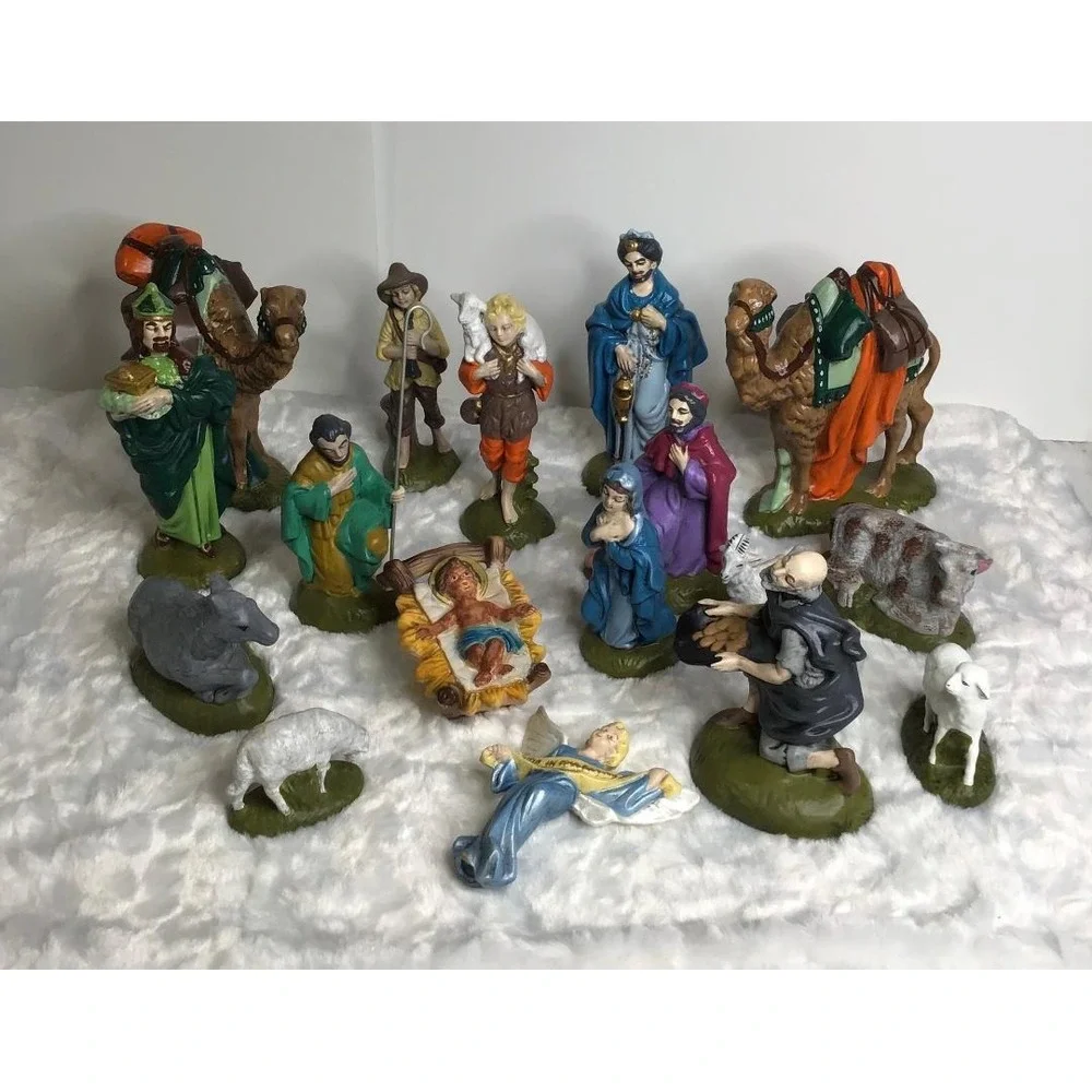Vintage Christmas Nativity Set Atlantic Mold 17 Piece Ceramic 1970 Hand Painted‎